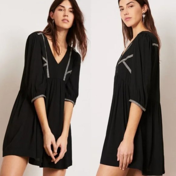 ba&sh Alma Embroidered 3/4 Sleeve Mini Swing Dress in Black and White - Picture 1 of 9